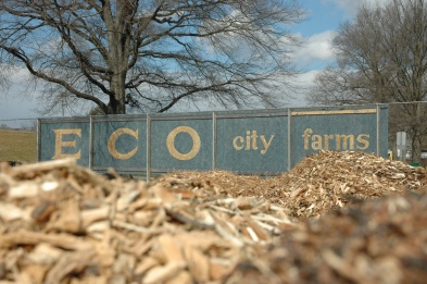 Not long ago, ECO City Farms expanded its operation to include old tennis courts, where wood chips await use.